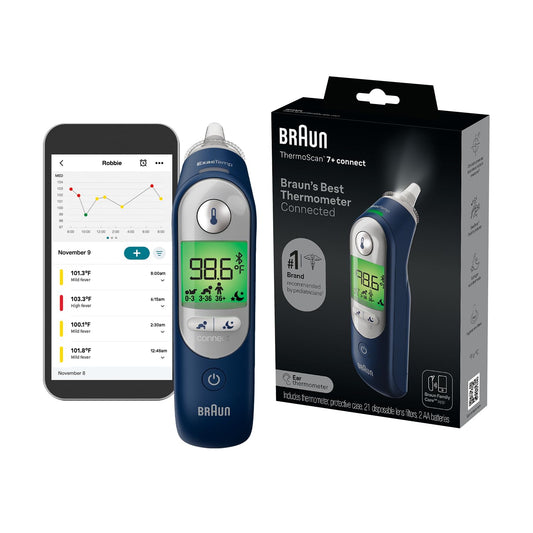 Braun ThermoScan 7+ vista frontal con diseño ergonómico y uso sencillo