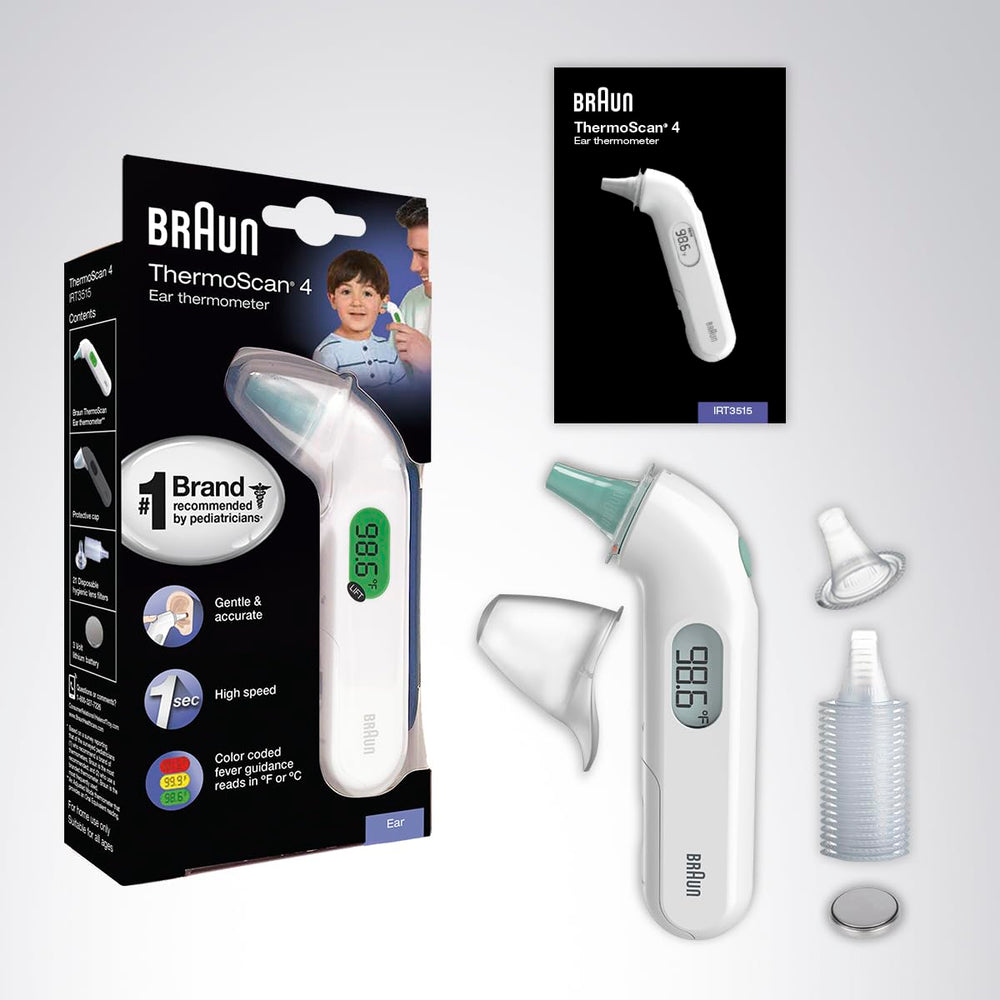 Braun ThermoScan 4 contenido de caja con fundas y batería incluidas