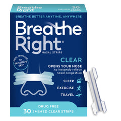 Breathe Right empaque frontal mostrando 30 tiras para alivio nasal