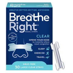 Breathe Right empaque frontal mostrando 30 tiras y tamaño grande para alivio rápido