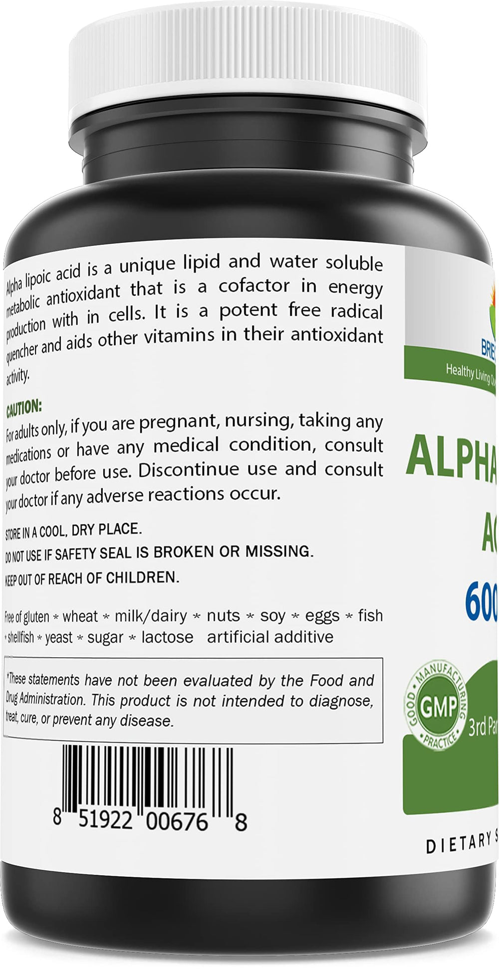 Brieofood Alpha Lipoic Acid bottle label noting non-GMO and gluten-free features.