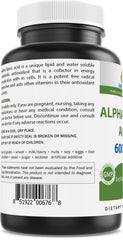 Brieofood Alpha Lipoic Acid bottle label noting non-GMO and gluten-free features.