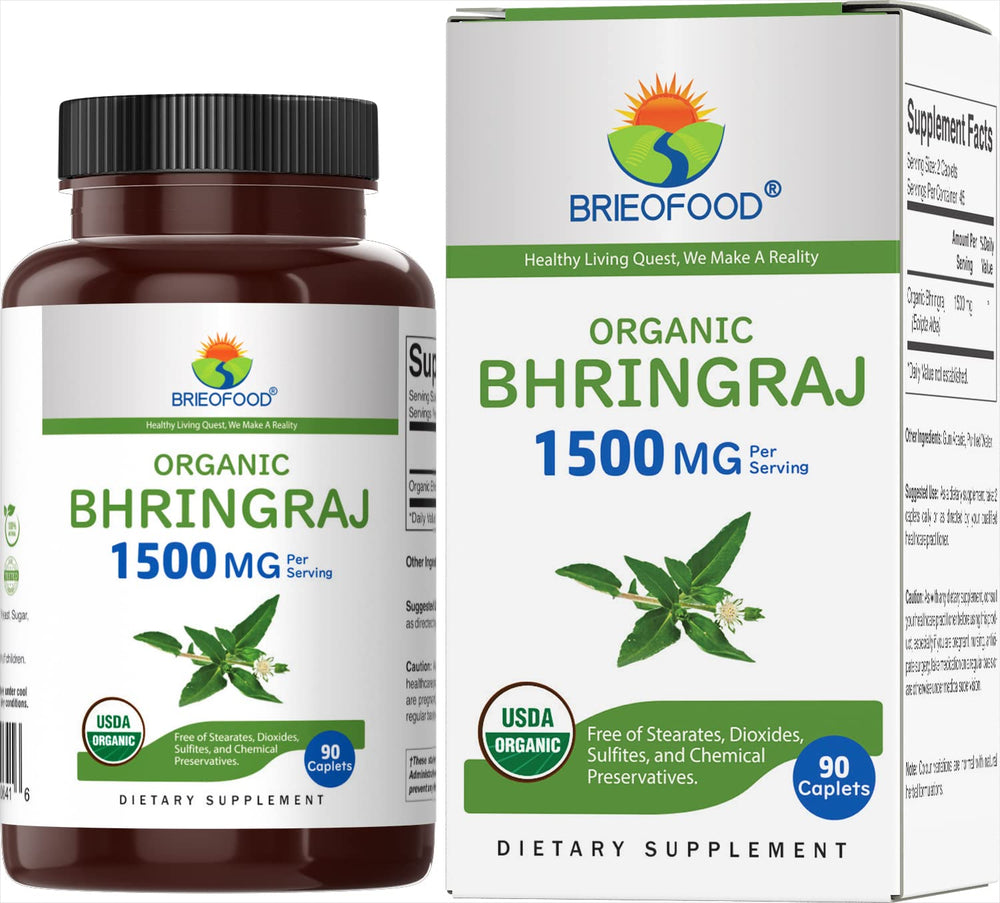 Brieofood Bhringraj 1500 mg en botella, uso diario para bienestar general.