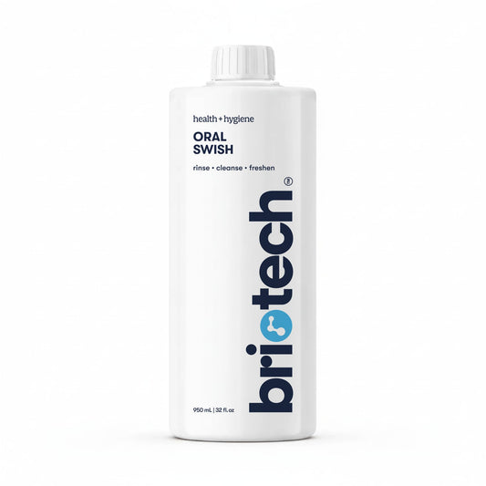BRIOTECH Oral Swish botella frontal mostrando diseño y cantidad, limpieza profesional