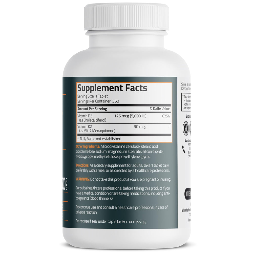 Bronson etiqueta nutricional con D3 5000 IU y K2 MK-7 90 mcg, información clara