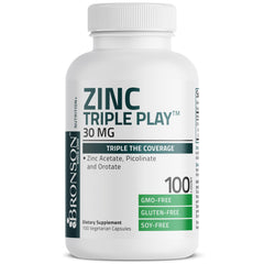 Etiqueta nutricional de Bronson Zinc Triple Play en primer plano, información transparente