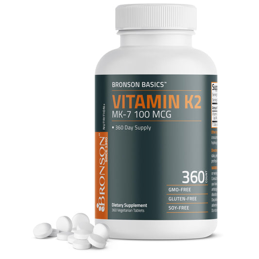 Bronson frasco frente mostrando Vitamin K2 MK-7 y 360 tabletas, confianza y suministro anual