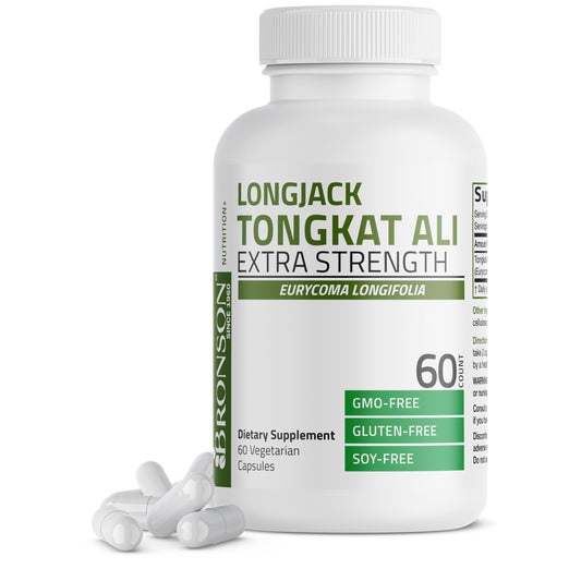 Bronson botella frontal mostrando Longjack Tongkat Ali y claridad de dosis