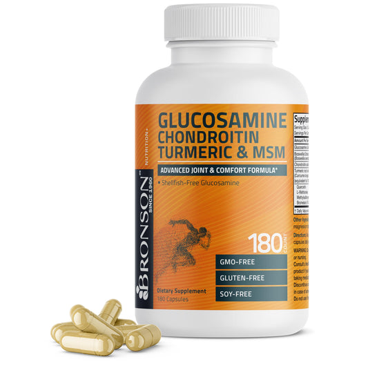 Bronson envase frontal de glucosamina chondroitin 180 cápsulas mostrando la etiqueta y beneficios