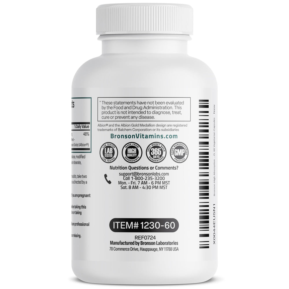 Bronson glicinato de magnesio - ingredientes: libre de OGM, gluten y soja.