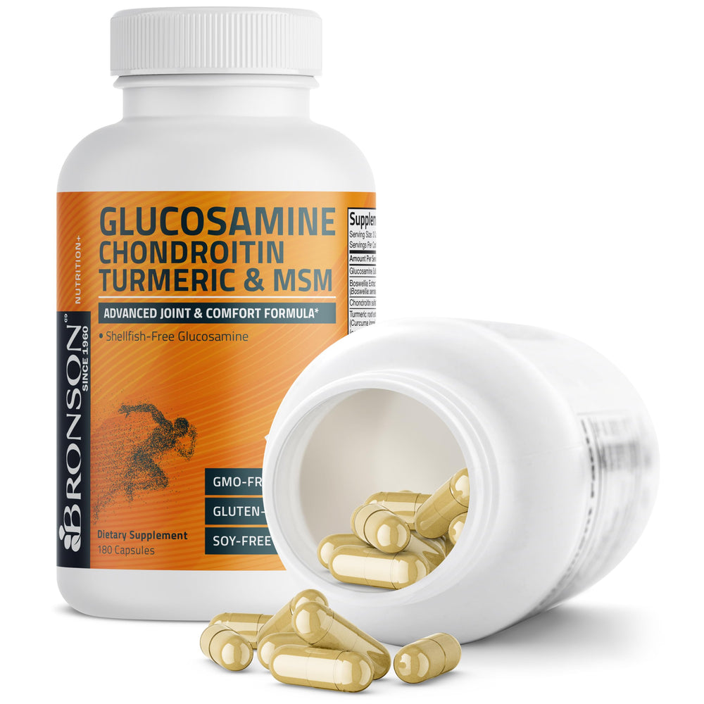 Bronson Glucosamina Condroitina Cúrcuma MSM: botella con cierre seguro para uso continuo.