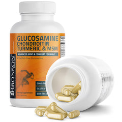 Bronson Glucosamina Condroitina Cúrcuma MSM: botella con cierre seguro para uso continuo.