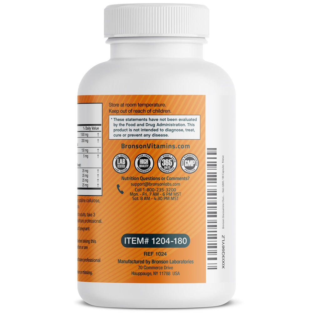 Bronson Glucosamina Condroitina Cúrcuma MSM: etiqueta detalle resalta calidad y control.