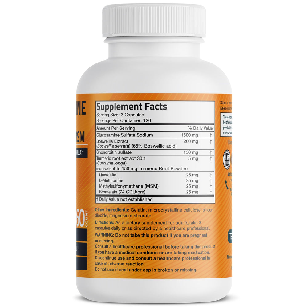 Bronson Glucosamina Condroitina Curcumina MSM, botella mostrada para uso diario.