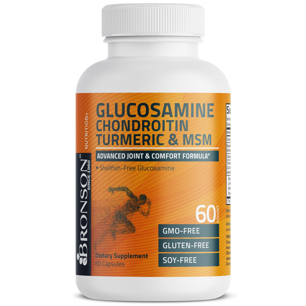 Bronson Glucosamina Condroitina Turmeric MSM, tabla de ingredientes para revisión rápida.