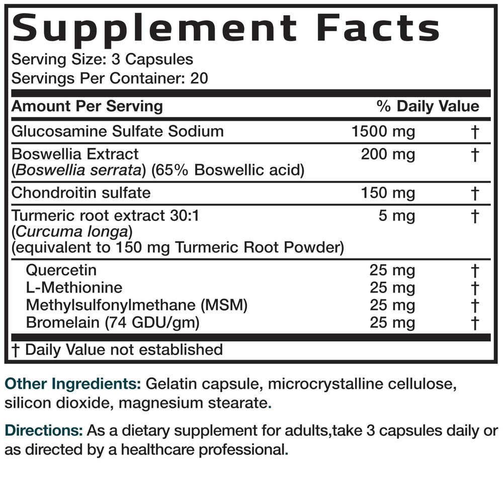 Bronson Glucosamina Condroitina Turmeric MSM, uso diario potencial para movilidad.