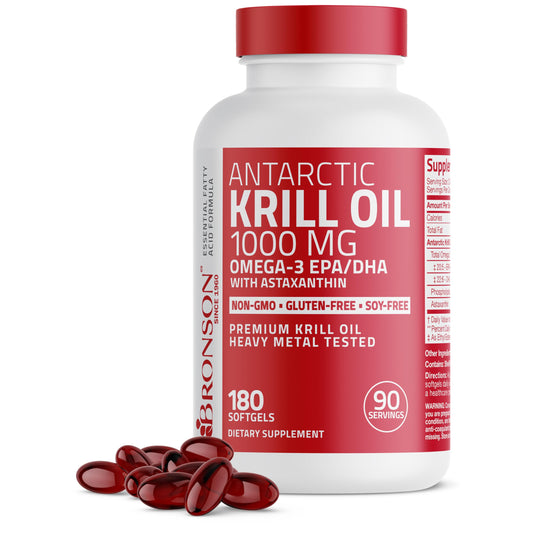 Bronson Krill Antártico 1000 mg, cápsulas en botella, fuente de Omega-3 y fosfolípidos.