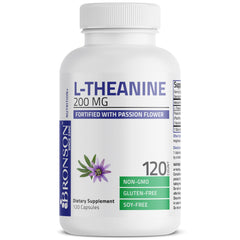 Bronson L-Theanine 200 mg etiqueta visible frente al envase.