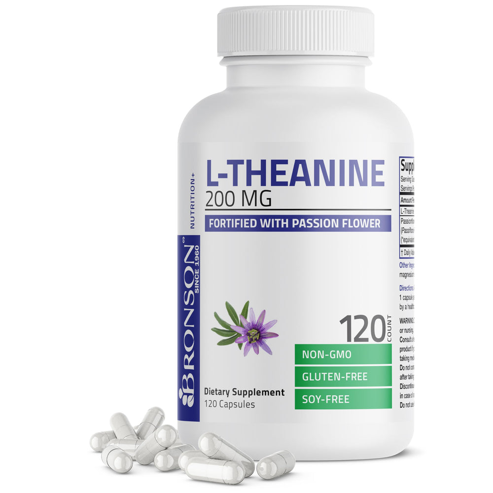 Bronson L-Theanine 200 mg frasco de cápsulas para calma sostenida.