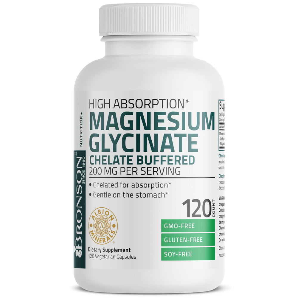 Bronson Magnesium Glycinate bottle featuring Albion chelated minerals for absorption.