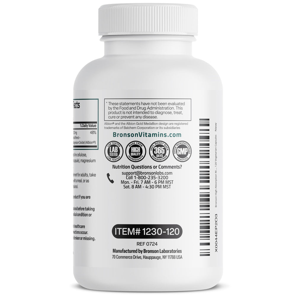 Bronson Magnesium Glycinate label confirms cGMP quality from New York facility.