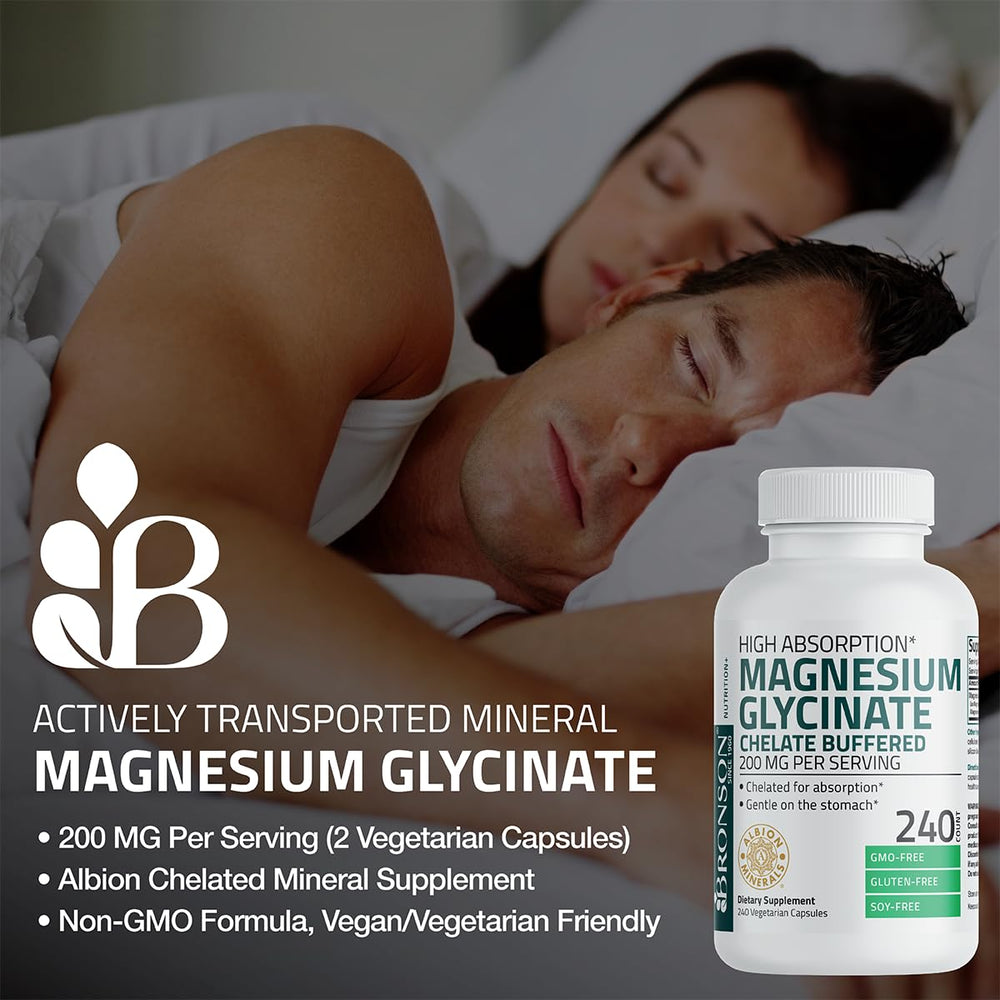 Bronson Magnesium Glycinate labeling emphasizes non-GMO and gluten-free ingredients.