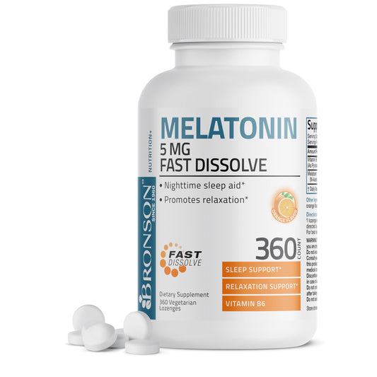Bronson melatonin bottle showing nightly calm support for a peaceful routine