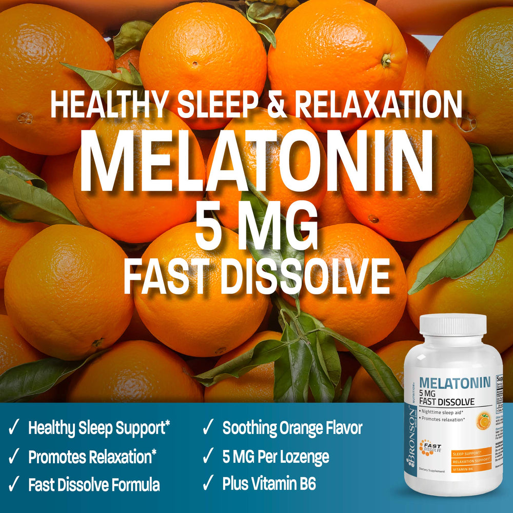Bronson melatonin orange lozenges pack emphasizes natural flavor and fast absorption