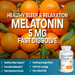 Bronson melatonin orange lozenges pack emphasizes natural flavor and fast absorption