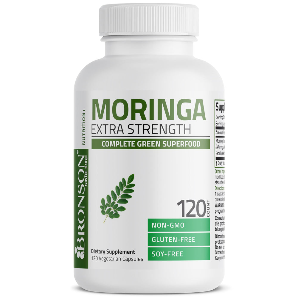 Cápsulas Bronson Moringa en primer plano, ideal para rutina diaria de bienestar.