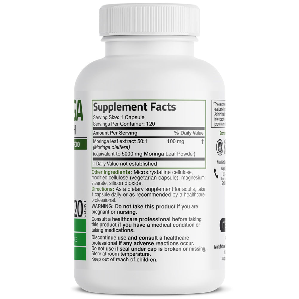 Etiqueta Bronson Moringa Fuerza Adicional destaca pureza y fabricación de calidad.