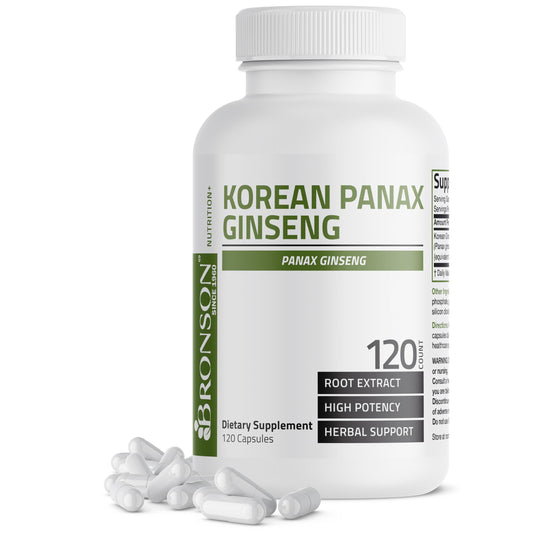 Bronson Panax Ginseng Coreano, bote de cápsulas, ofrece energía sostenida para el día.