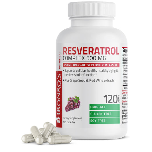 Bronson Resveratrol 500 Complex, botella con cápsulas, posible apoyo a la salud celular