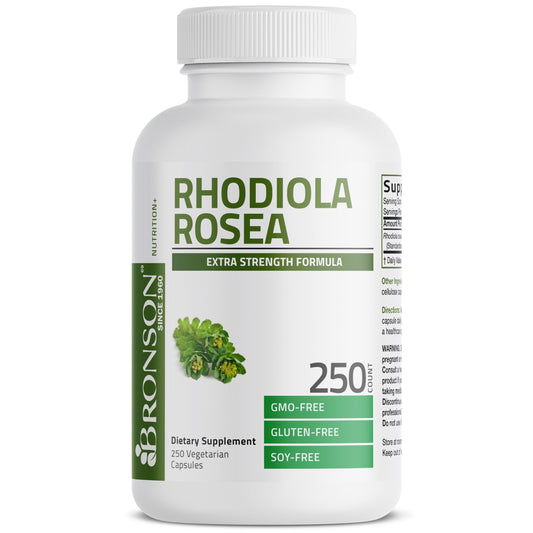 Bronson Rhodiola Rosea cápsulas vegetales frente: apoyo suave al equilibrio emocional.
