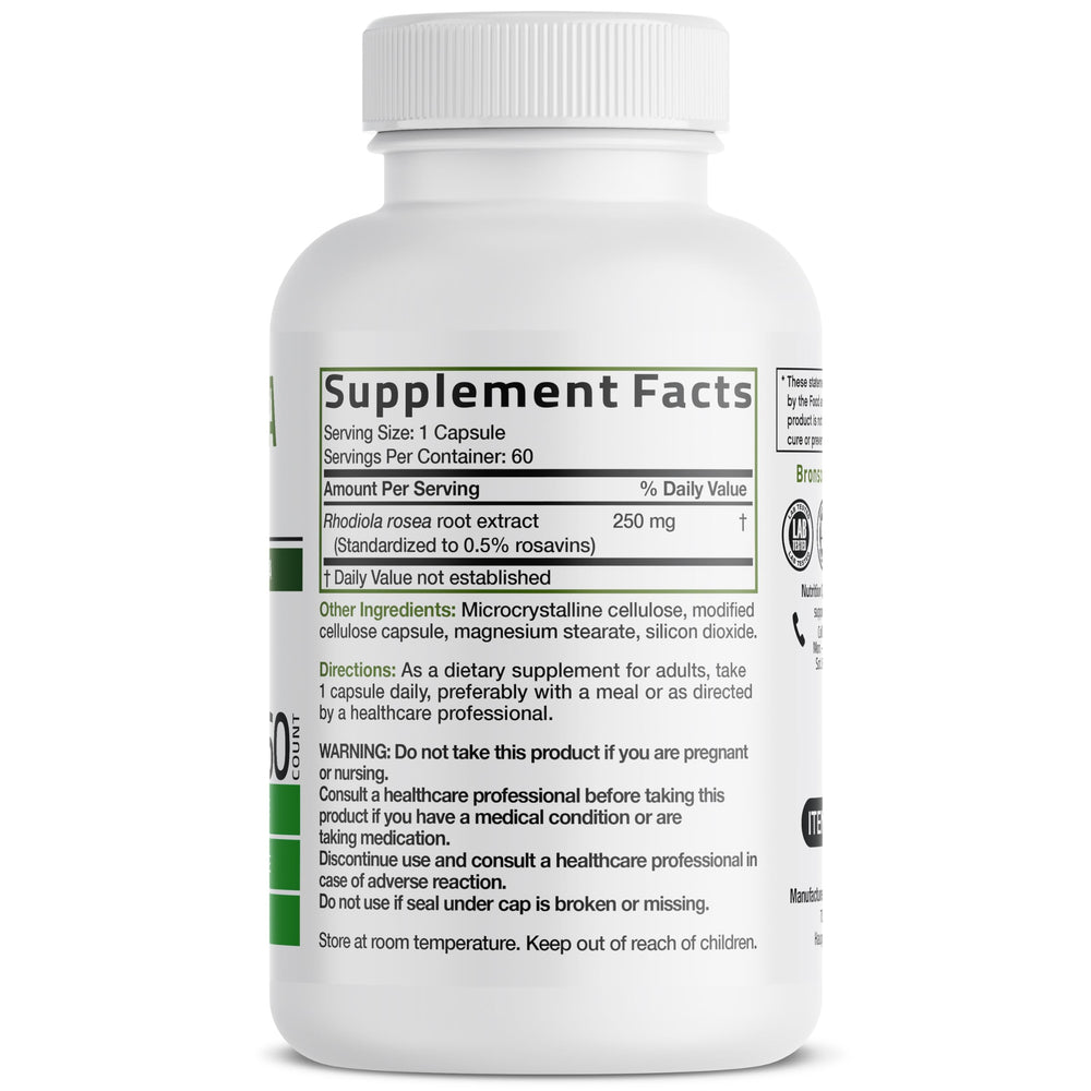 Etiqueta sin OGM de Bronson Rhodiola Rosea para opción limpia.
