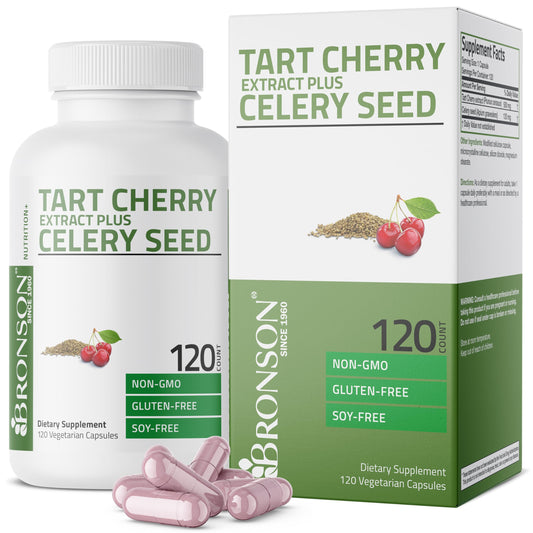 Bronson Tart Cherry Extract Celery Seed Capsules - botella visible para apoyo potencial a la recuperación