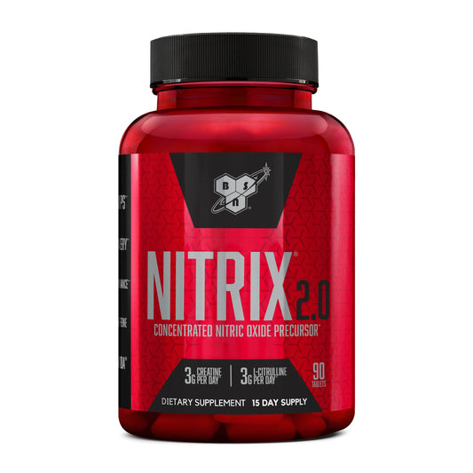 BSN envase frontal Nitrix 2.0 mostrando 90 tabletas y beneficio de soporte en entrenos