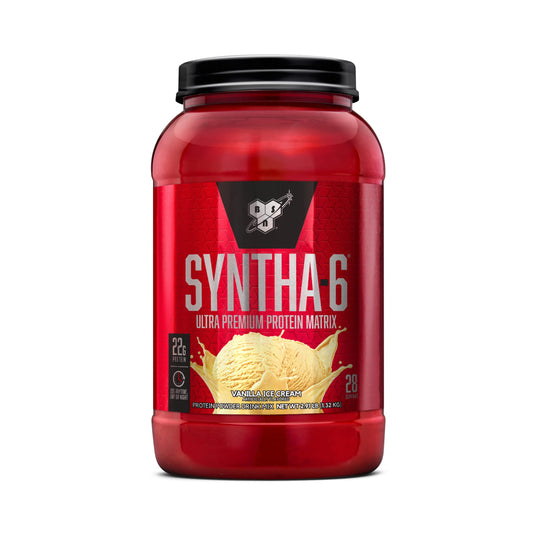 BSN envase frontal Vainilla Ice Cream mostrando 28 porciones y marca