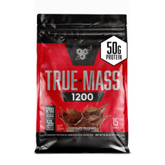 BSN envase True-Mass 1200 frente mostrando sabor Choc Milkshake y aporte calórico