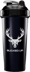 Bucked Up botella frente negro con logo blanco, diseño hermético y práctica