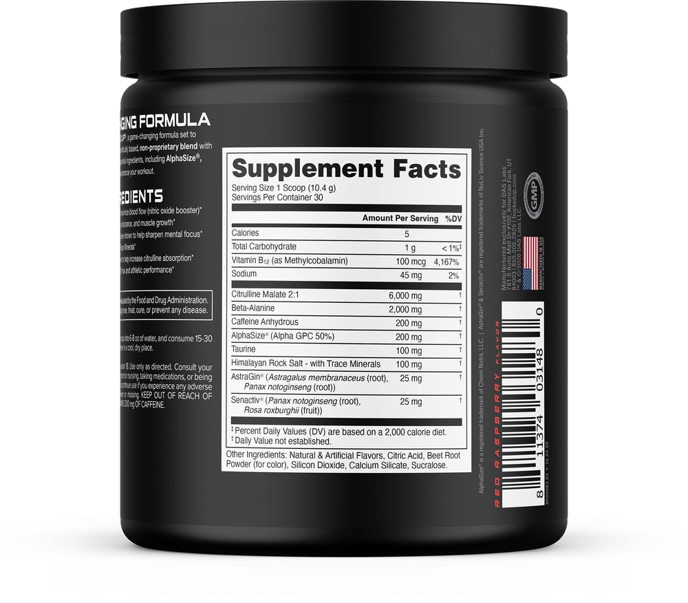 Bucked Up etiqueta nutricional en primer plano mostrando dosis y ingredientes
