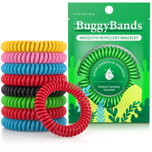 BuggyBands empaque frontal mostrando 24 pulseras y beneficio práctico