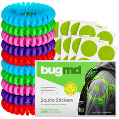 BugMD paquete frontal con pegatinas y pulseras, protección natural visible