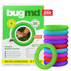 BugMD paquete frontal con 10 pulseras visibles y colores variados para protección natural