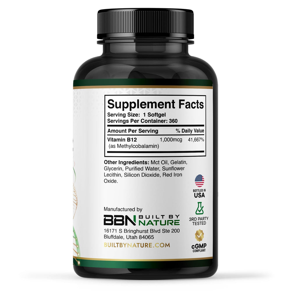 Built by Nature etiqueta nutricional destacando 1000 mcg metilcobalamina por cápsula