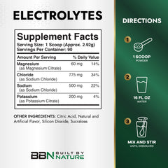 Built By Nature etiqueta nutricional con electrolitos clave y transparencia de ingredientes