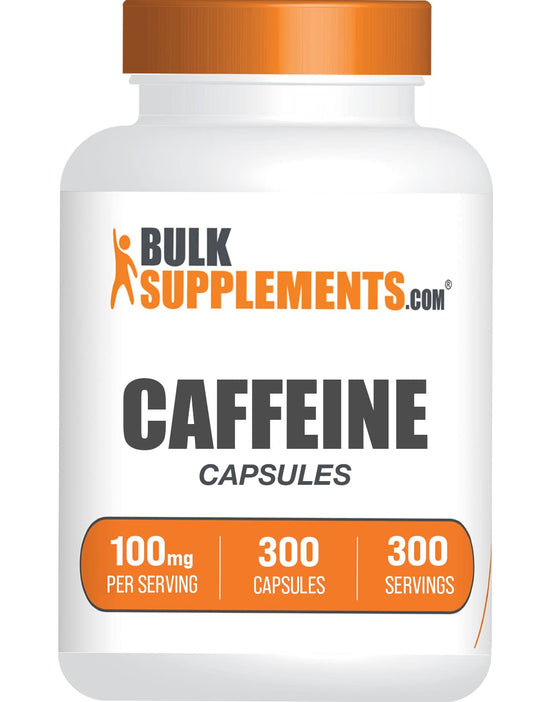 BulkSupplements cafeína 100 mg cápsulas, envase visible para energía sostenida durante entrenamientos.