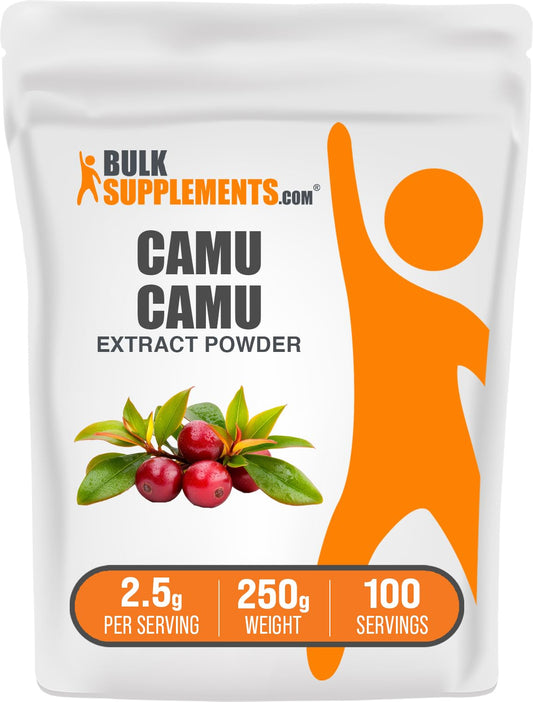 BulkSupplements Camu Camu Extract Powder en bote, ideal para batidos diarios.