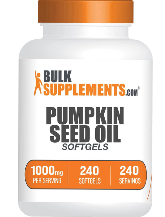 BulkSupplements aceite de semilla de calabaza softgeles – botella visible, apoyo nutricional diario.
