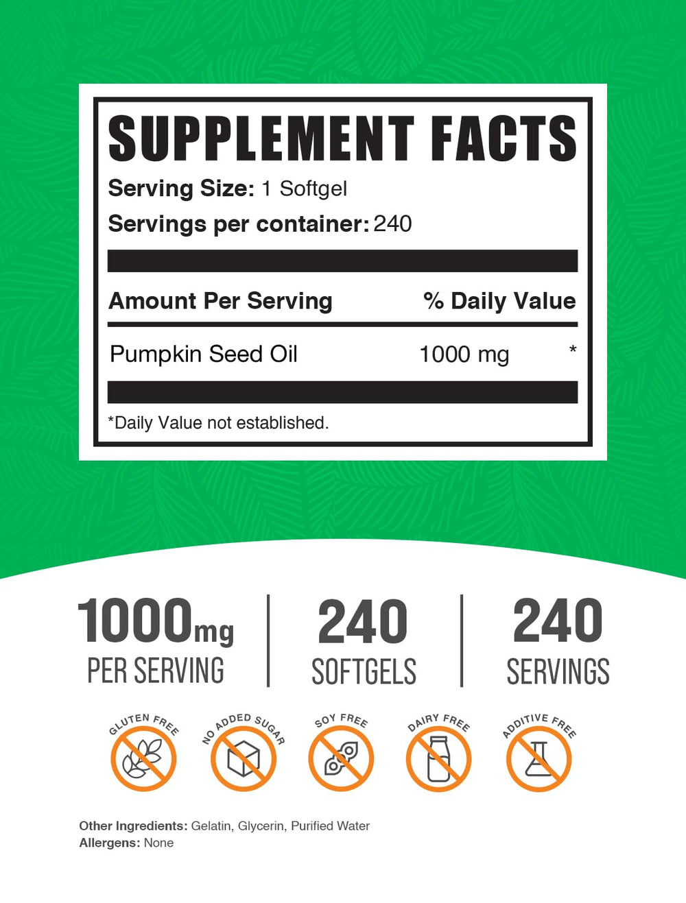 BulkSupplements etiqueta clara de aceite de semilla de calabaza, calidad y pureza destacadas.